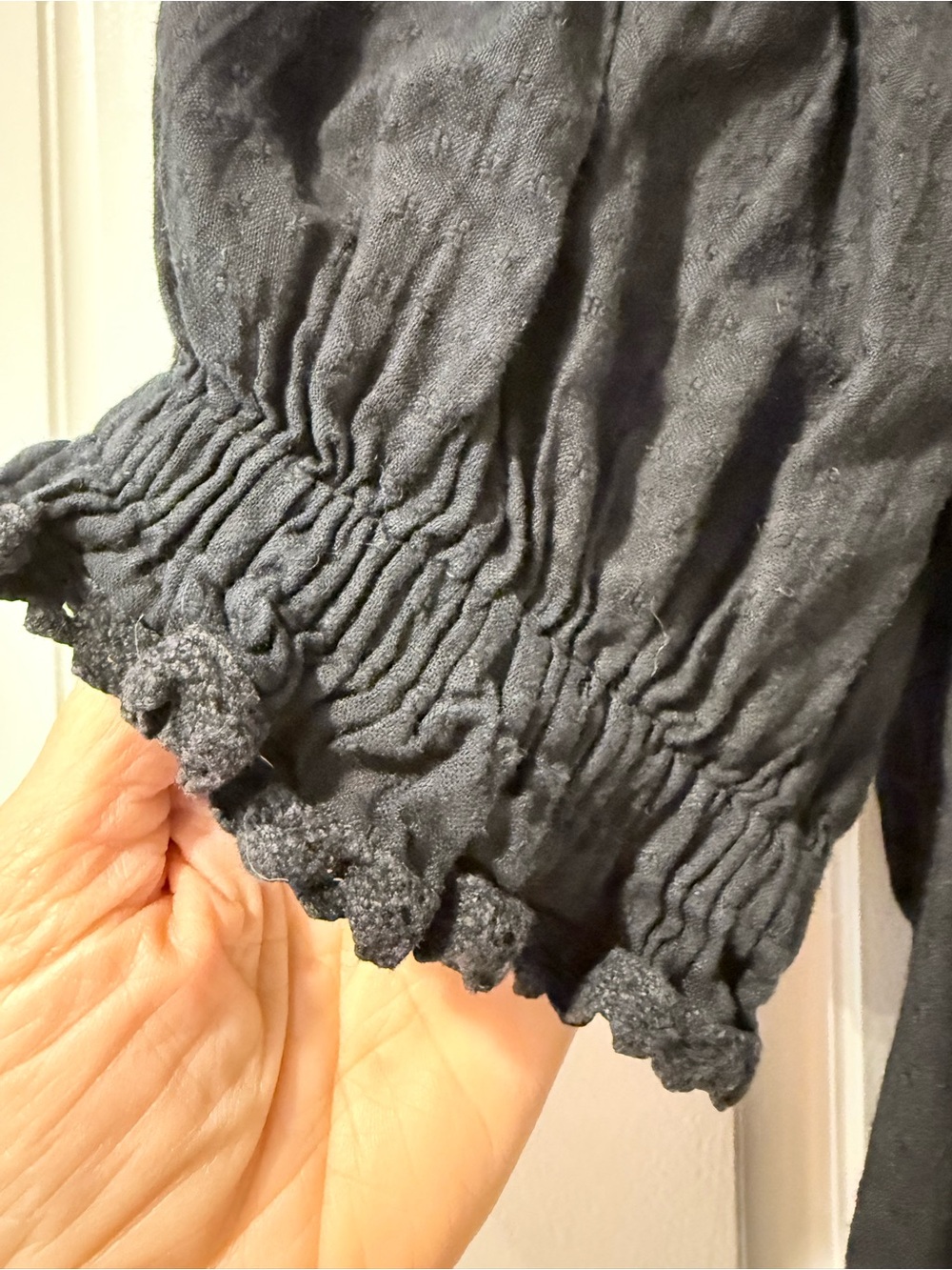 Sundance Sweatpea Black Smocked Button-Front Peasant Top - Picture 2 of 8